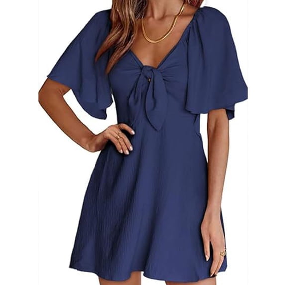 Alsol Lamesa V Neck Summer Dress for Women Bow Tie Mini Short Sleeve Casual Loose Boho Vintage Midi Dress