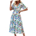 thumbnail image 1 of Alsol Lamesa V Neck Summer Dress for Women Short Lantern Sleeve Casual Loose Boho Vintage Print Midi Dress Green, 1 of 6