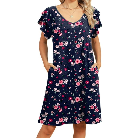 Alsol Lamesa V Neck Summer Dress for Women Short Sleeve Casual Loose Boho Vintage Print Midi Dress