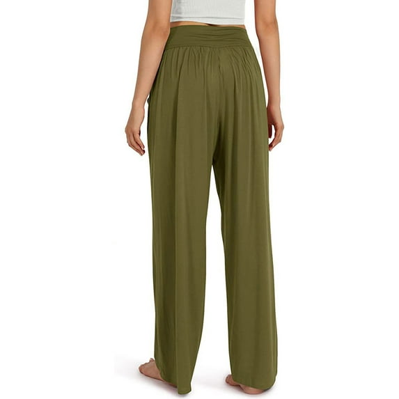 Alsol Lamesa Women Wide Leg Casual Pants High Waist Gym Pants Flowy Beach Lounge Trousers Tummy Control Workout Running Legging Green L