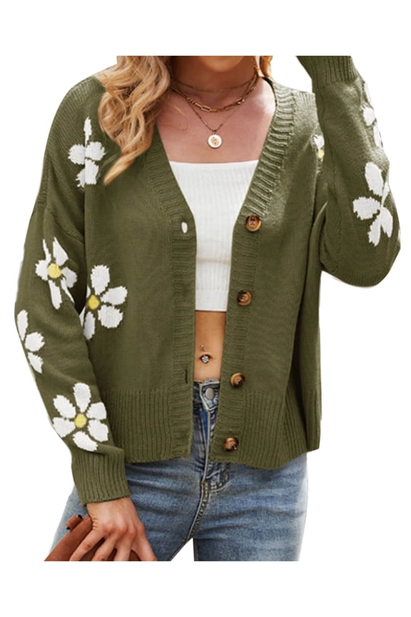 Women's Cardigan Sweater Floral Print Open Front Buton Down Soft Knit Cardigans Sweater