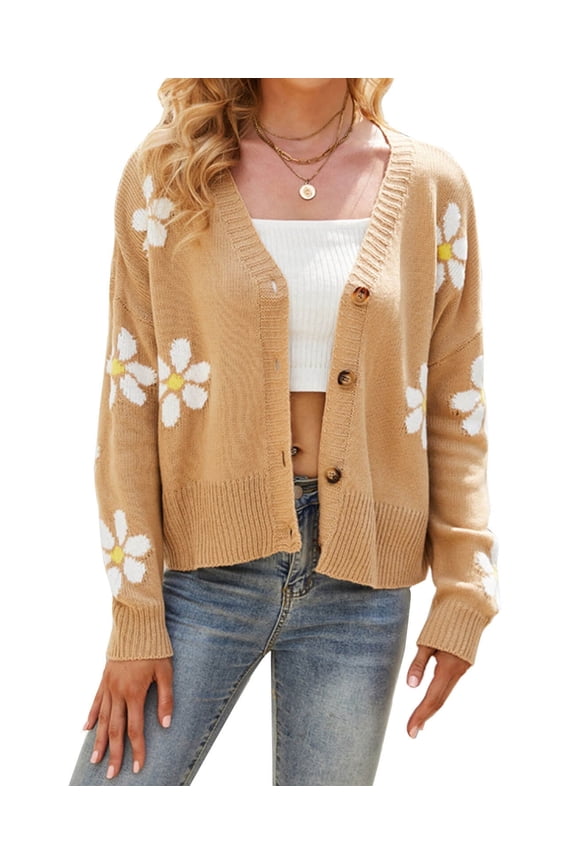 Women's Cardigan Sweater Floral Print Open Front Buton Down Soft Knit Cardigans Sweater