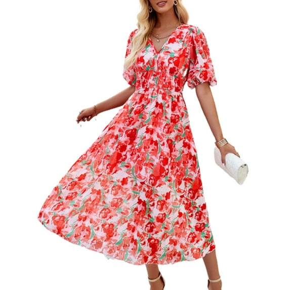 Alsol Lamesa Women's Summer Beach Vintage Floral Print Boho Dress Short Sleeve Midi Dress Sundress Orange