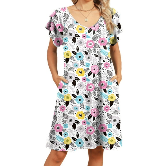 Alsol Lamesa Women's Summer Beach Vintage Floral Print Boho Dress Short Sleeve Midi Dress Sundress