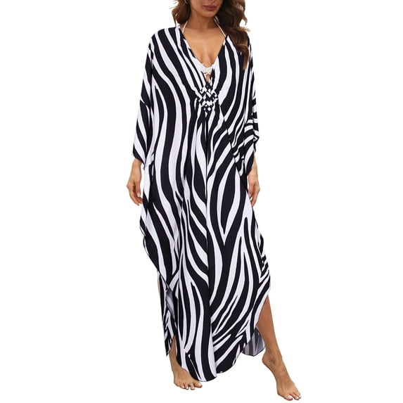 Alsol Lamesa Women's Summer Swimsuit Cover Ups Zebra Stripes Beach Dresses Bikini Bathing Suit Cover Up Plus Size Kimono Kaftan Dress