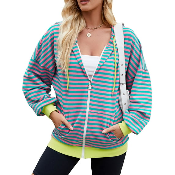 Alsol Lamesa Womens Full Zip Up Striped Hoodie Y2K Raglan Sleeve Drawstring Baggy Zipper Hooded Sweatshirts with Pocket