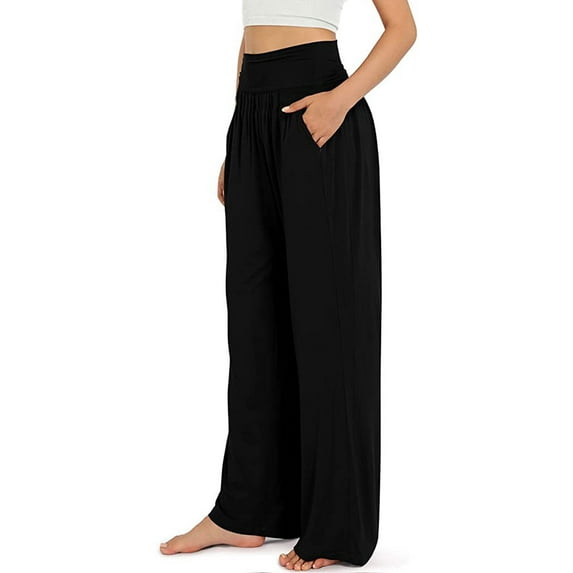 Alsol Lamesa Womens Wide Leg Casual Pants High Elastic Waist Yoga Beach Trousers Palazzo Pants with Pockets Black XL