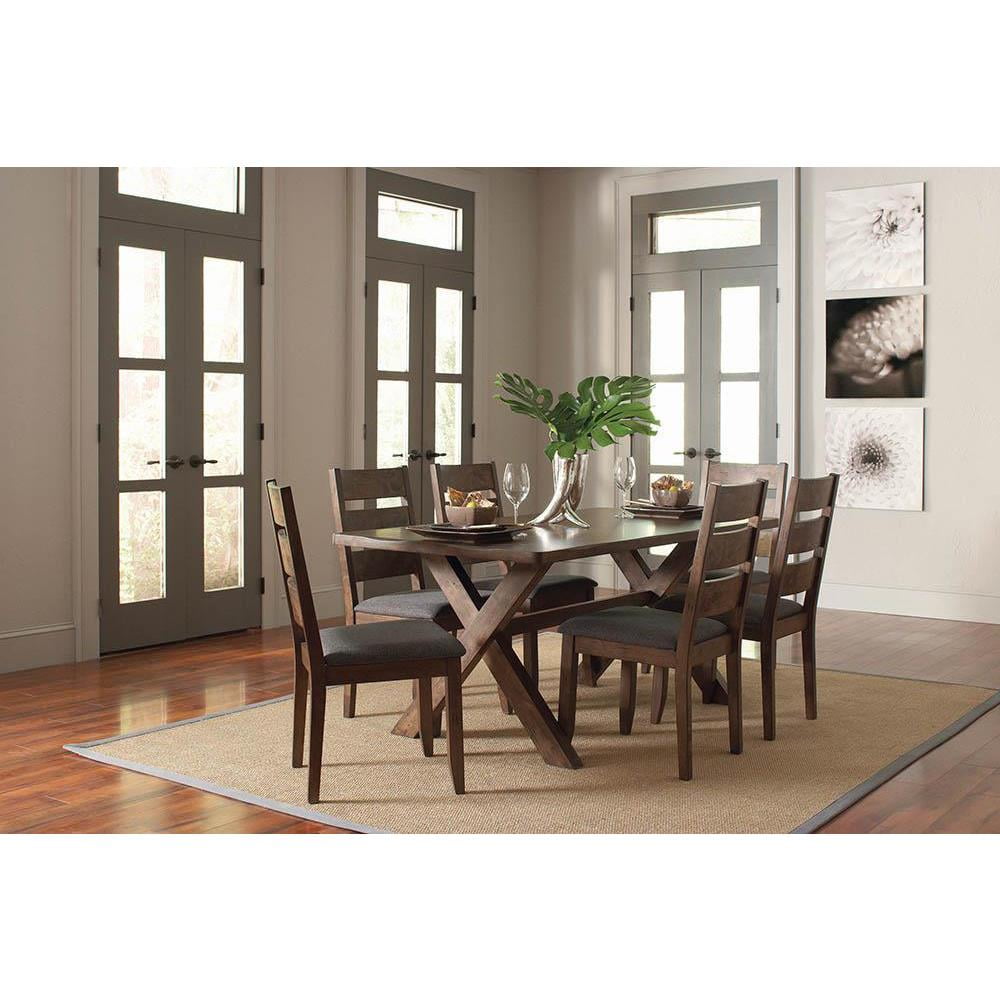 Country Charm Knotty Nutmeg Dining Set with Grey Fabric Chairs