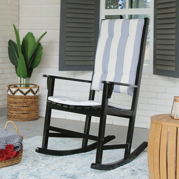 Alston Mahogany Wood Outdoor Rocking Chair with Cushion, Black Striped Cushion