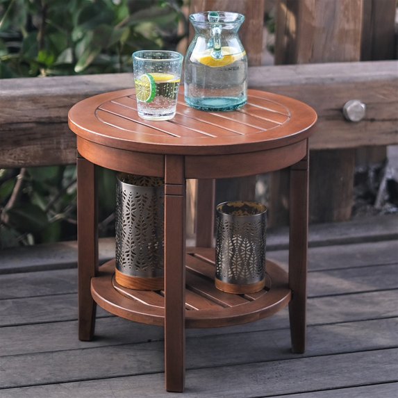 Alston Solid Wood Round Patio Side Table Natural Brown Finish