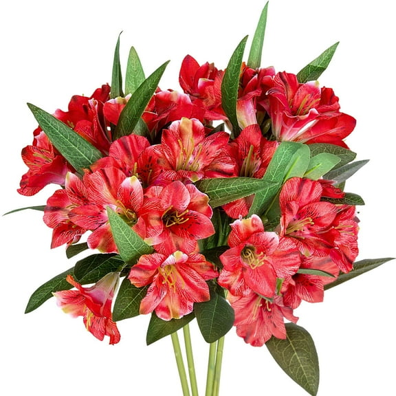 Alstroemeria Artificial Flowers Peruvian Lily Silk Petals 18” Long Stems Faux Bouquet, 4pcs Bundle (Red)