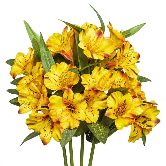Alstroemeria Artificial Flowers Peruvian Lily Silk Petals 18” Long Stems Faux Bouquet, 4pcs Bundle (Yellow)
