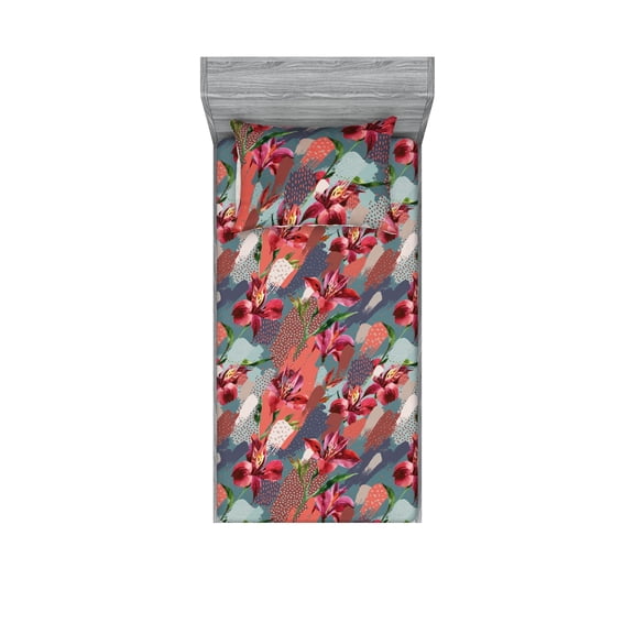 Alstroemeria Fitted Sheet & Pillow Sham Set, Abstract Boho Contemporary Art Design Flowers with Leaves and Dots, Decorative Printed 2 Piece Bedding Decor, Twinxl, Dark Pink Coral Indigo, by Ambesonne