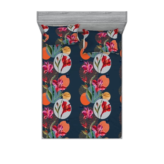 Alstroemeria Fitted Sheet & Pillow Sham Set, Round Shapes with Spot Ornaments and Watercolor Flowers Artwork Boho, Decorative Printed 3 Piece Bedding Decor, King, Vermilion Multicolor, by Ambesonne