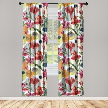 Alstroemeria Window Curtains, Watercolor Style Flowers Pattern on Round Shapes and Spots Ornament, Lightweight Decor 2-Panel Set with Rod Pocket, Pair of - 28"x63", Purpleblue Multicolor, by Ambesonne