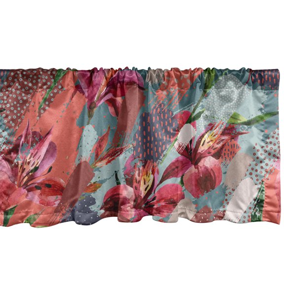 Alstroemeria Window Valance, Abstract Boho Contemporary Art Design Flowers with Leaves and Dots, Curtain Valance for Kitchen Bedroom with Rod Pocket, 54" X 18", Dark Pink Coral Indigo, by Ambesonne