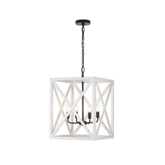 Alsy 16"W 4-Light Distressed White Caged Large Pendant Chandelier Light Fixture, French Country Style
