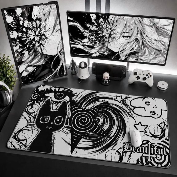 Alt Goth Cat Desk Mat, Creepy Cute Mouse Pad, Black White Gaming Setup, Alt Aesthetic Desk Accessory