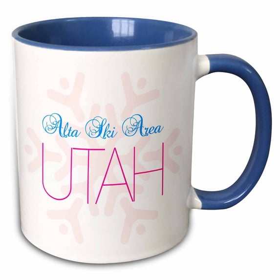 Alta Ski Area, Utah blue, red text, pink snowflake on white 15oz Two-Tone Blue Mug mug-296411-11