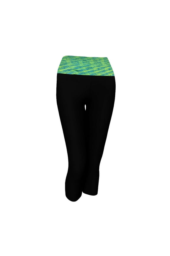 Womens Two Tone Foldover Yoga Capri Cropped Workout Leggings, Black/Green, S/M