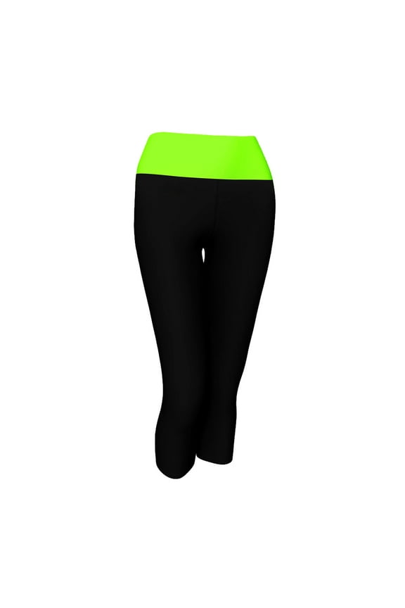 Womens Two Tone Foldover Yoga Capri Cropped Workout Leggings, Black/Neon Green, S/M
