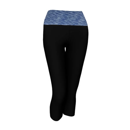 Alta Women’s Two Tone Foldover Yoga Capri Cropped Workout Leggings, Black/Royal Blue, L/XL
