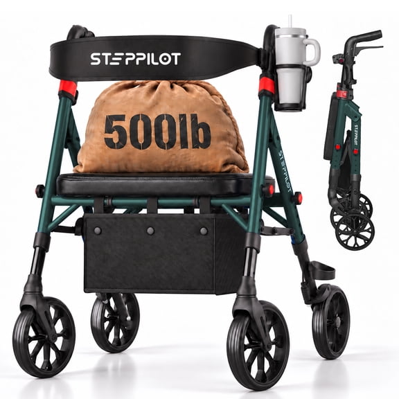 Rollator Walkers for Seniors with Seat,16 Lbs Foldable Rolling Walker,500lbs Capacity,8" All Terrain Wheels&Dual Brake,7-Level Handle Adjustable,Green