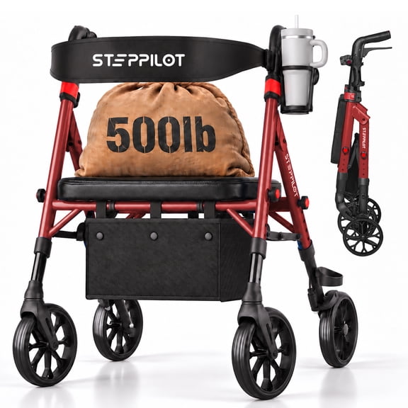 Rollator Walkers for Seniors with Seat,16 lbs Foldable Rolling Walker,500lbs Capacity,8" All Terrain Wheels&Dual Brake,7-Level Handle Adjustable,Red