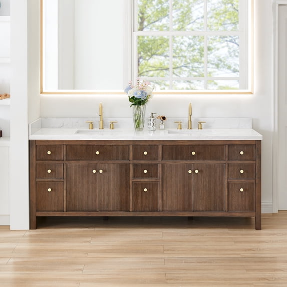 Altair-12 Double Bathroom Vanity in Brown Oak Grain White Engineered Stone Countertop