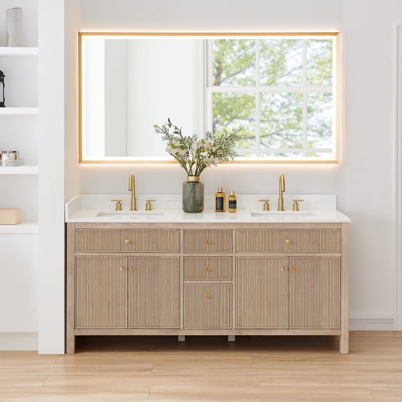 Cerrito 72" Wood Vanity in Nature Oak Engineered Stone Top with Mirror