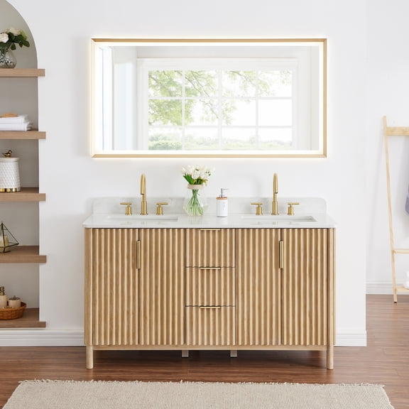 Sierra 60" Wood Vanity in Washed Light Brown Engineered Stone Top with Mirror