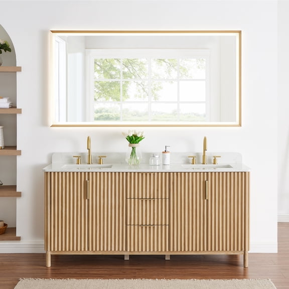 Sierra 72" Wood Vanity in Washed Light Brown Engineered Stone Top with Mirror