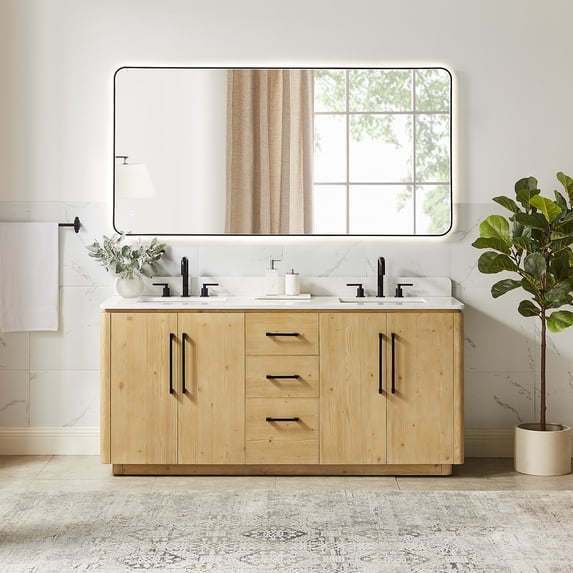 Serene 72" Wood Vanity in Nature Brown Engineered Stone Top with Mirror