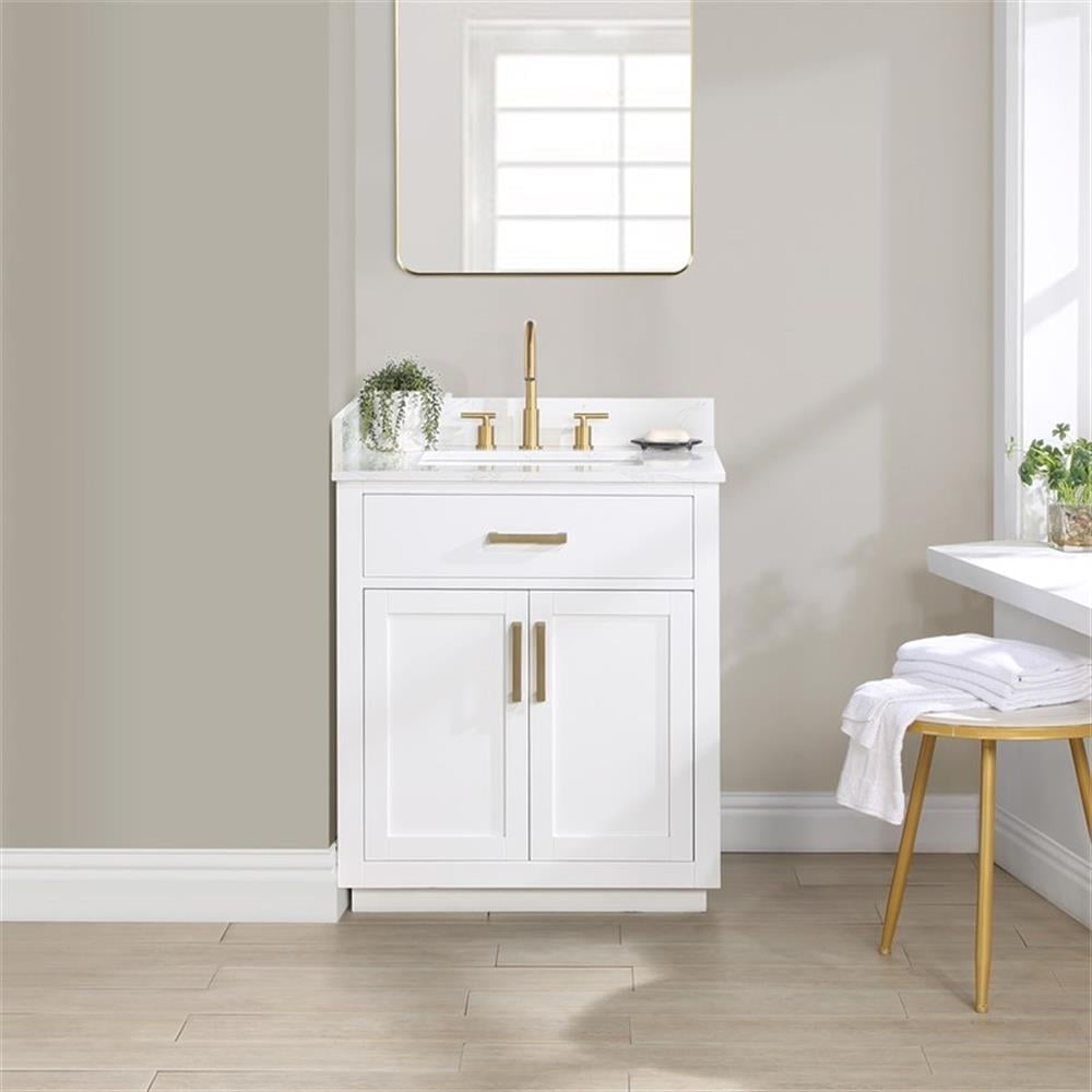 Gavino 30" White Solid Wood Bathroom Vanity with Gold Hardware