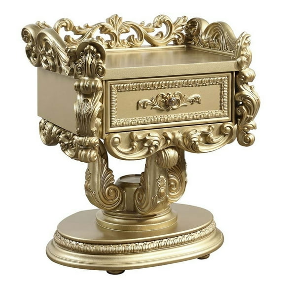 Benjara Altair 36 Inch Luxury Nightstand, 1 Drawer, Scrolled Motifs, Gold Finish