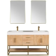 Bianco 60" Wood Vanity in Light Brown with White Composite Stone Top and Mirror