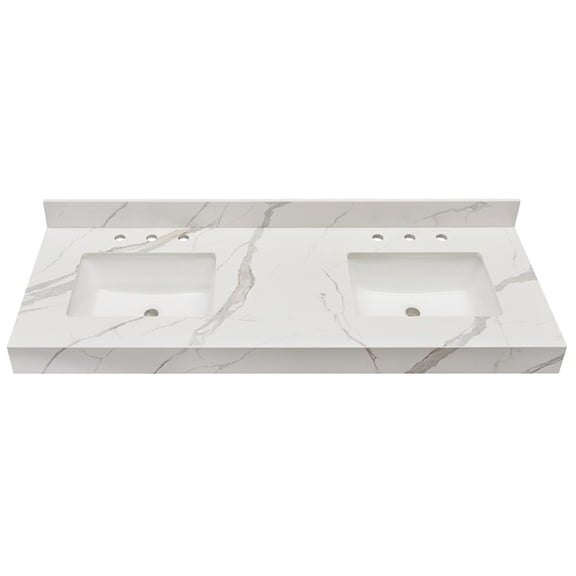 61 in. Composite Stone Apron Vanity Top in Calacatta White with White Basins