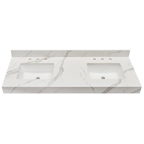 61 in. Composite Stone Apron Vanity Top in Calacatta White with White Basins