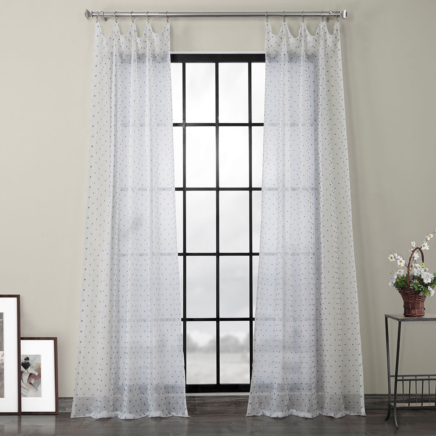 Altair Blue Patterned Linen Sheer Curtain (1 Panel), Altair Blue, 50W X 108L