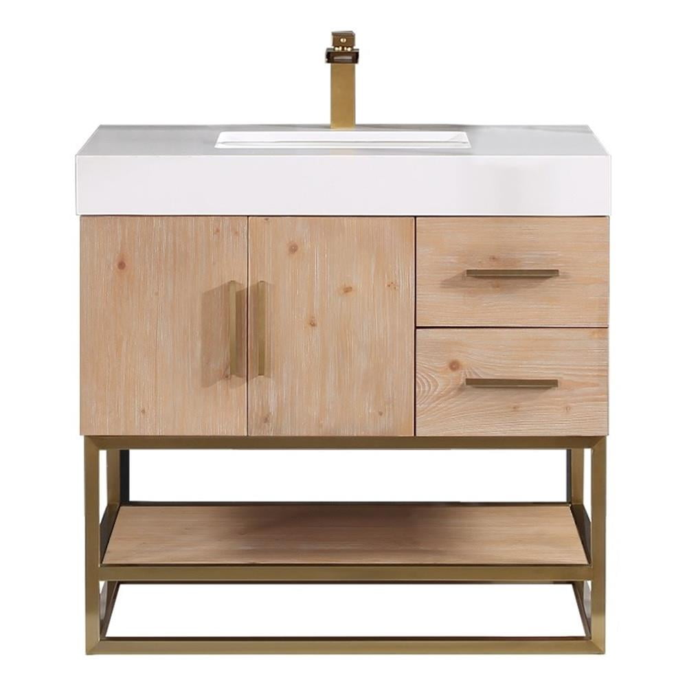 Bianco 36" Light Brown Wood Vanity with White Stone Top
