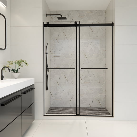 Altair Design Frameless Exposed Roller Shower Door in Matte Black with Clear Glass
