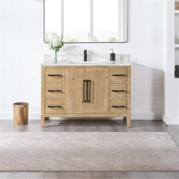 Laurel 48" Wood Vanity in Weathered Fir Calacatta White Quartz Top no Mirror