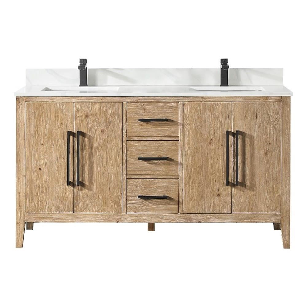 Weathered Fir Double Sink Freestanding Vanity with Quartz Top