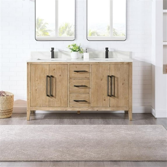 Laurel 60" Wood Vanity in Weathered Fir Calacatta White Quartz Top no Mirror