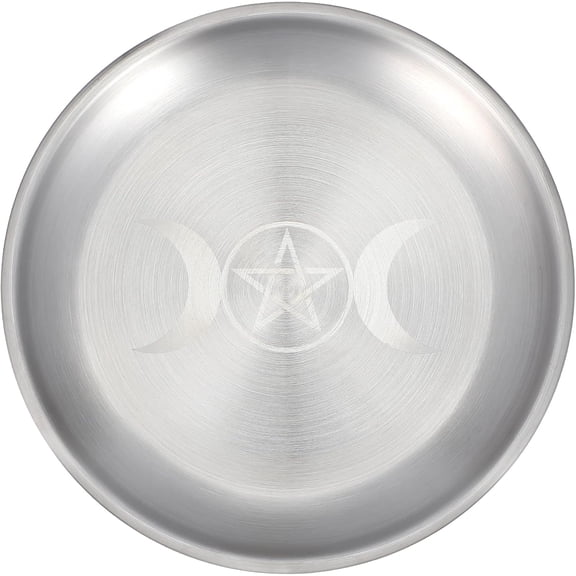 Altar Candle Tray - Pentagram Moon Pattern - Silver White Iron Burning Tray - 5.46" Round Altar Plate for Rituals, Ceremonies & Decor