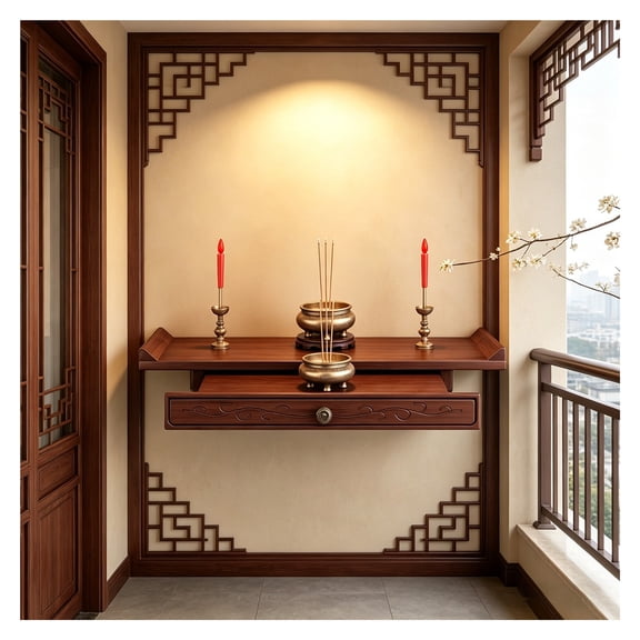 Altar Shelf,Household Solid Wood Cabinet with Drawer Wall-Mounted Buddha Statue Stand Shrine Table for Pooja and Incense Tribute