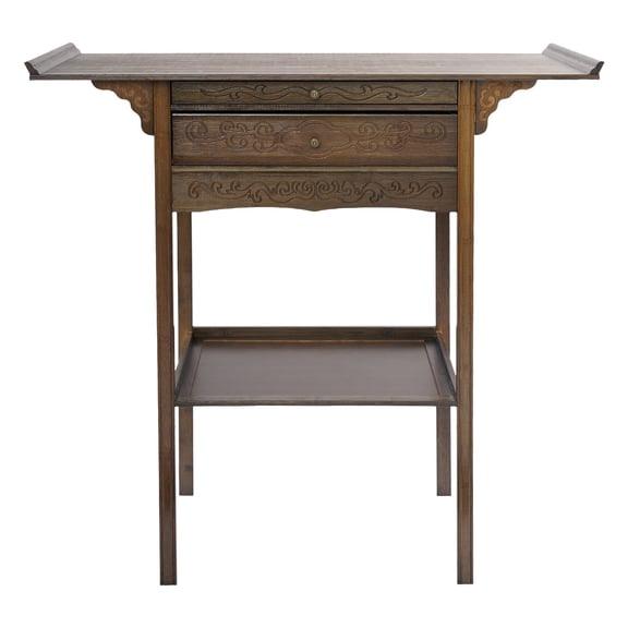 Altar Table, 100x40x100cm Double Layer Chinese Style Console Table with Drawer, Bamboo and MDF Porch Table with Cloud Pattern for Hallway and Foyer Decor