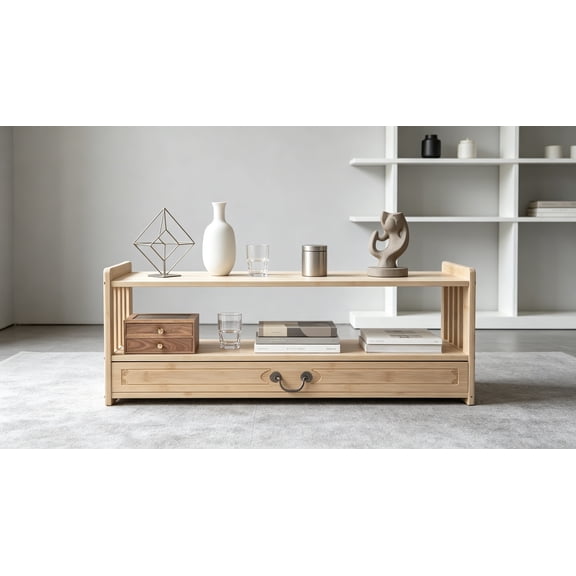 Altar Table with Drawer, 2-Tier Bamboo Meditation Storage Desk, Japanese Low Floor Table Coffee Table for Tatami Living Room, Bedroom, Wood Color, 9.8" D x 27.2" W x 11" H