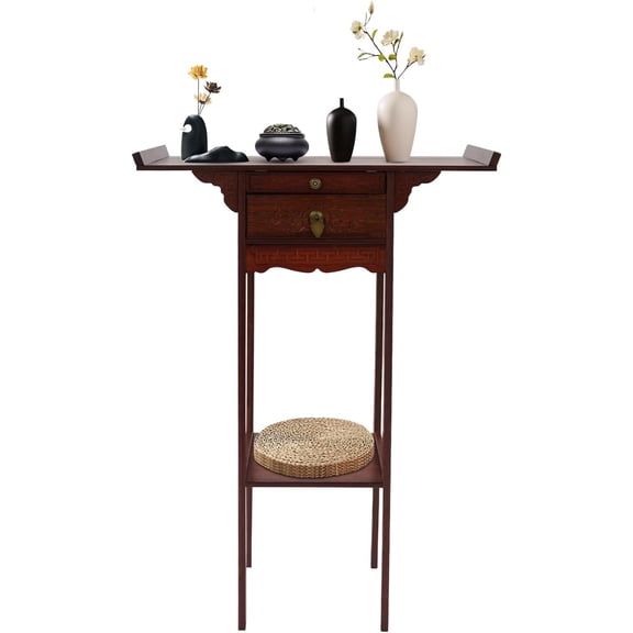 Altar Table with Drawer, Bamboo Meditation Altar Table, Freestanding Buddhist Altar Cabinet with Storage, Personal Prayer Shrine Desk for Incense and Pray, 27.6" x 13" x 41"