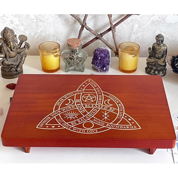 Altar Table, Meditation Table, Small Altar Table, Wooden Witch Altar, Wiccan Alter Table, Buddhist Shrine, Engraved Triquetra (The Celtic Trinity Knot) on Table Top, 12 × 8 inches